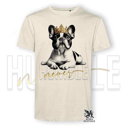 T-shirt stampata con Bouledogue Francais, colore beige con grafica Never Humble