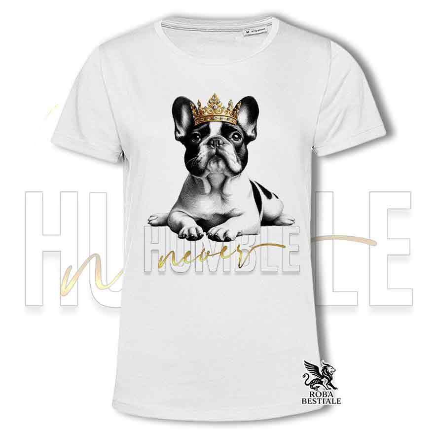 T-shirt stampata con Bouledogue Francais, colore bianco con grafica Never Humble