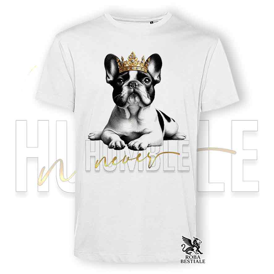 T-shirt stampata con Bouledogue Francais, colore bianco con grafica Never Humble