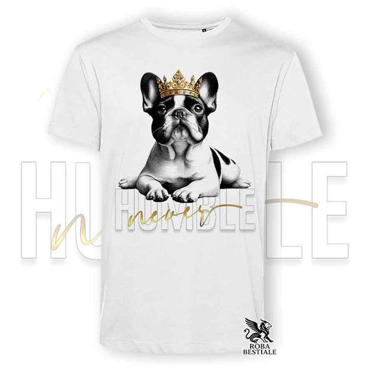 T-shirt stampata con Bouledogue Francais, colore bianco con grafica Never Humble