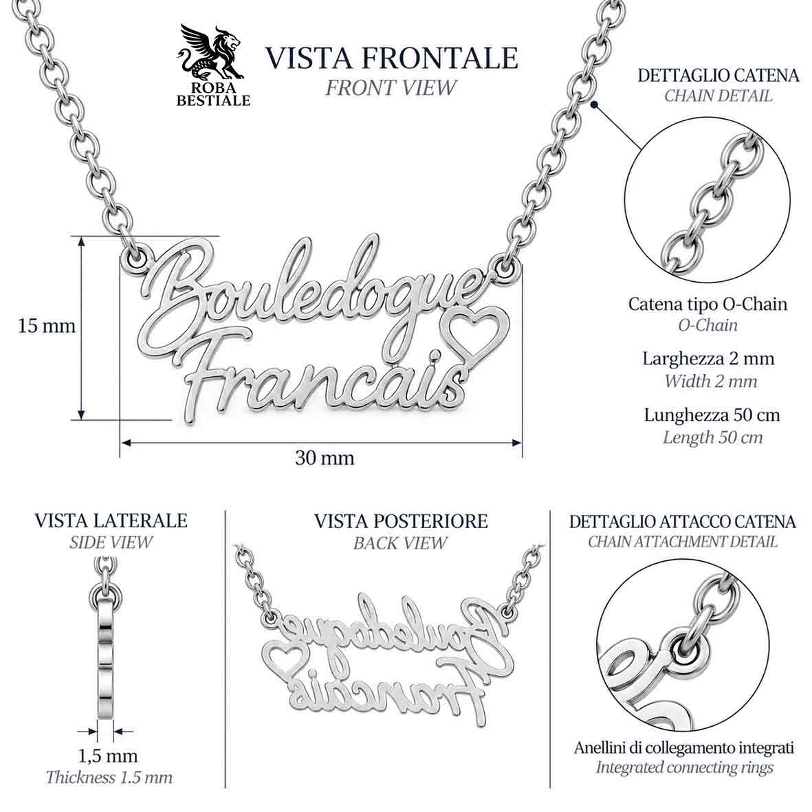 Collier KIRA PET JEWELRY - BOULEDOGUE FRANCAIS - En Acier Inoxydable avec chaîne maille fine