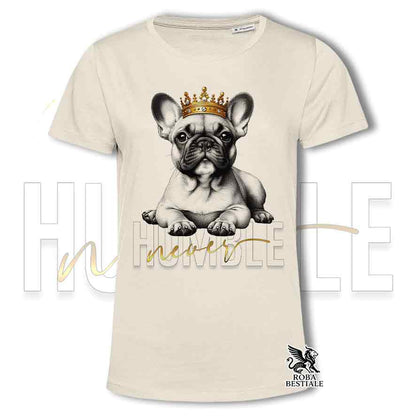 T-shirt stampata con un Bouledogue Francese, colore beige con grafica Never Humble