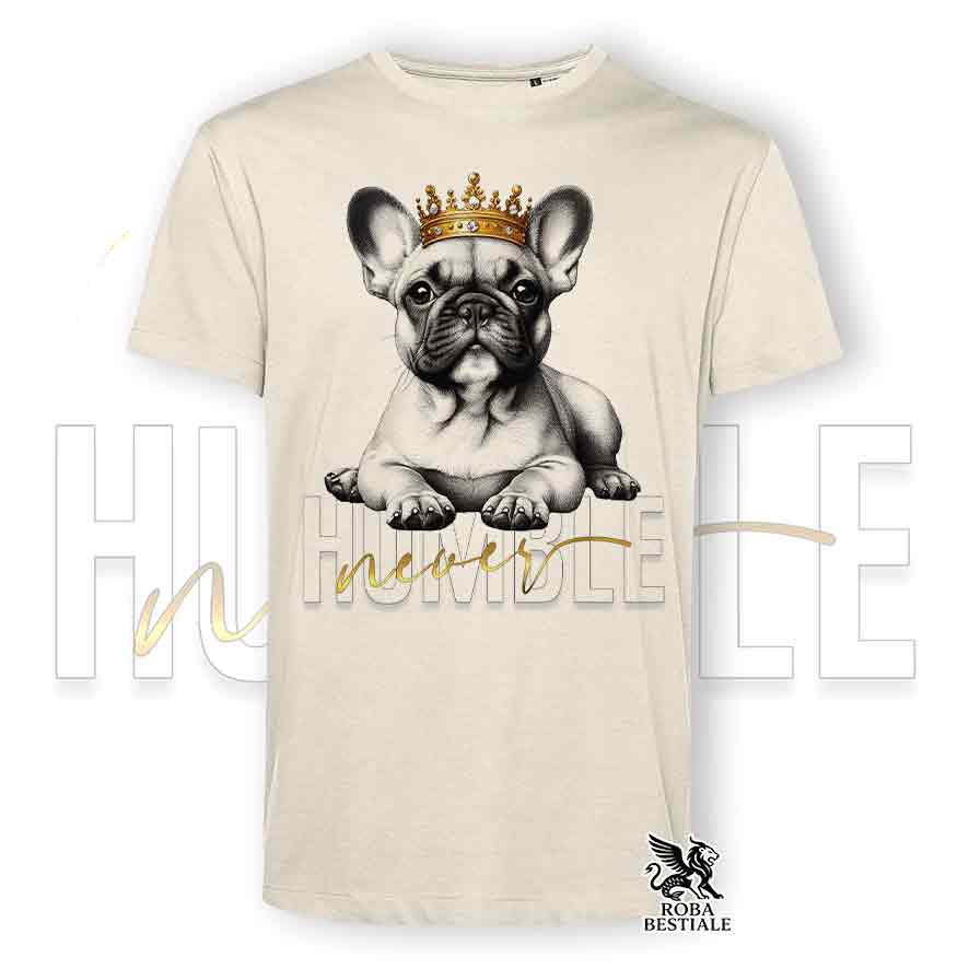 T-shirt stampata con un Bouledogue Francese, colore beige con grafica Never Humble