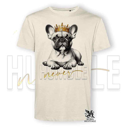T-shirt stampata con un Bouledogue Francese, colore beige con grafica Never Humble