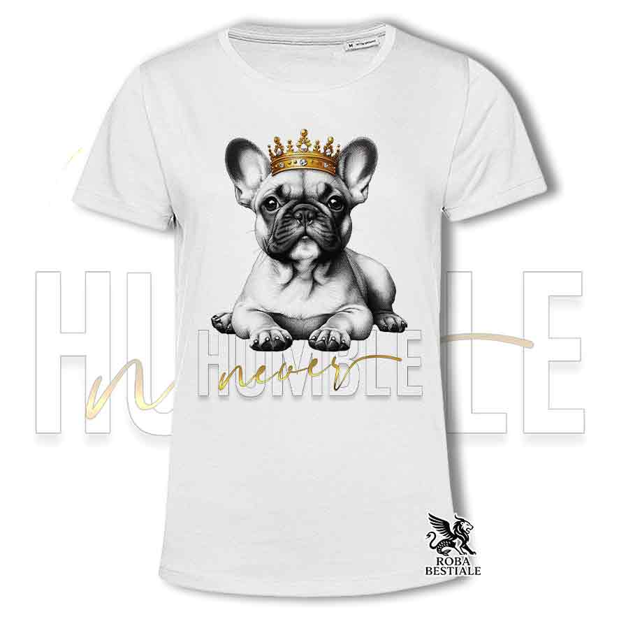 T-shirt stampata con un Bouledogue Francese, colore bianco con grafica Never Humble