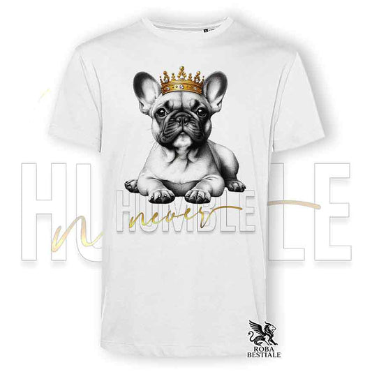 T-shirt stampata con un Bouledogue Francese, colore bianco con grafica Never Humble