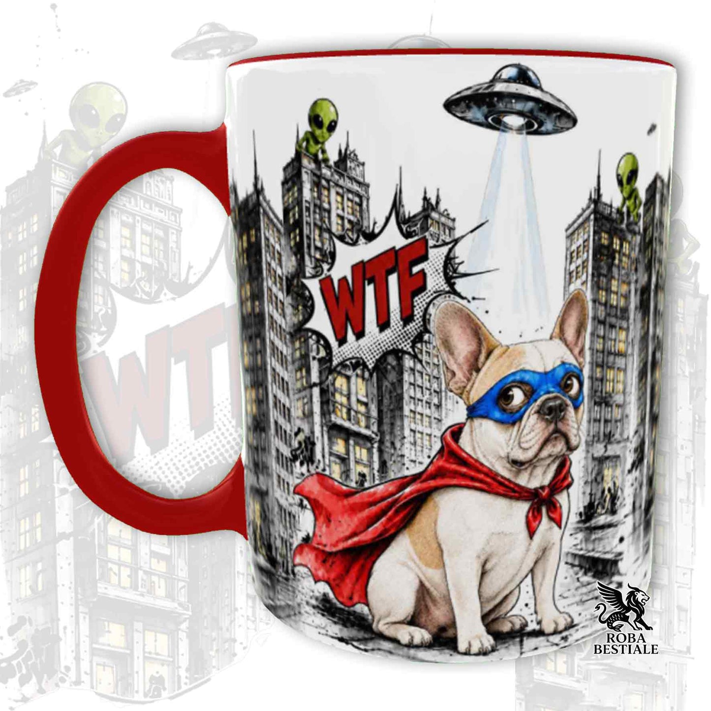 Tazza rossa stampata con un Bouledogue Francese con espressione sorpresa, vestito da Super Eroe. Grafica originale Roba Bestiale, collezione Hero