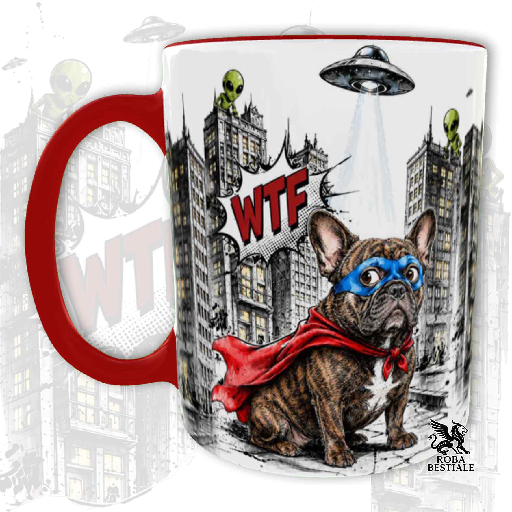 Tazza rossa stampata con un Bouledogue Francese con espressione sorpresa, vestito da Super Eroe. Grafica originale Roba Bestiale, collezione Hero