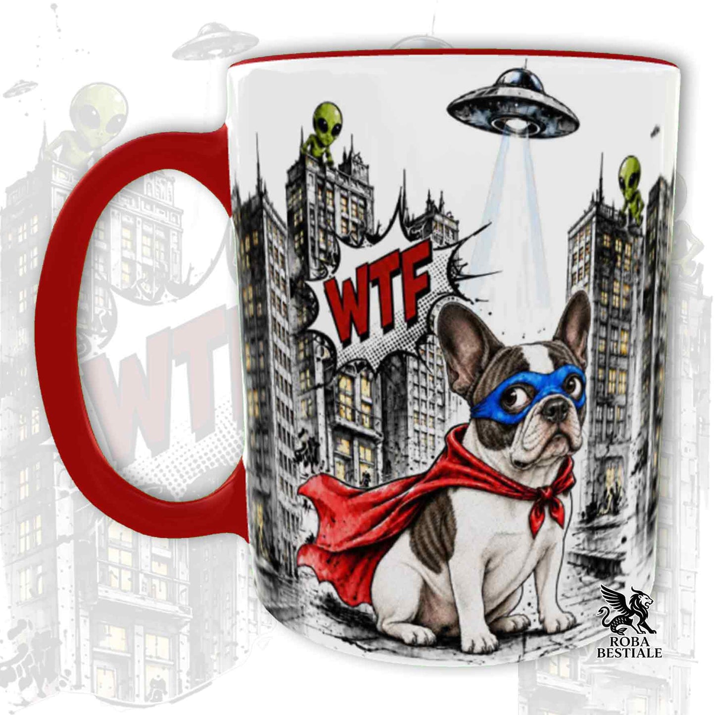 Tazza rossa stampata con un Bouledogue Francese con espressione sorpresa, vestito da Super Eroe. Grafica originale Roba Bestiale, collezione Hero