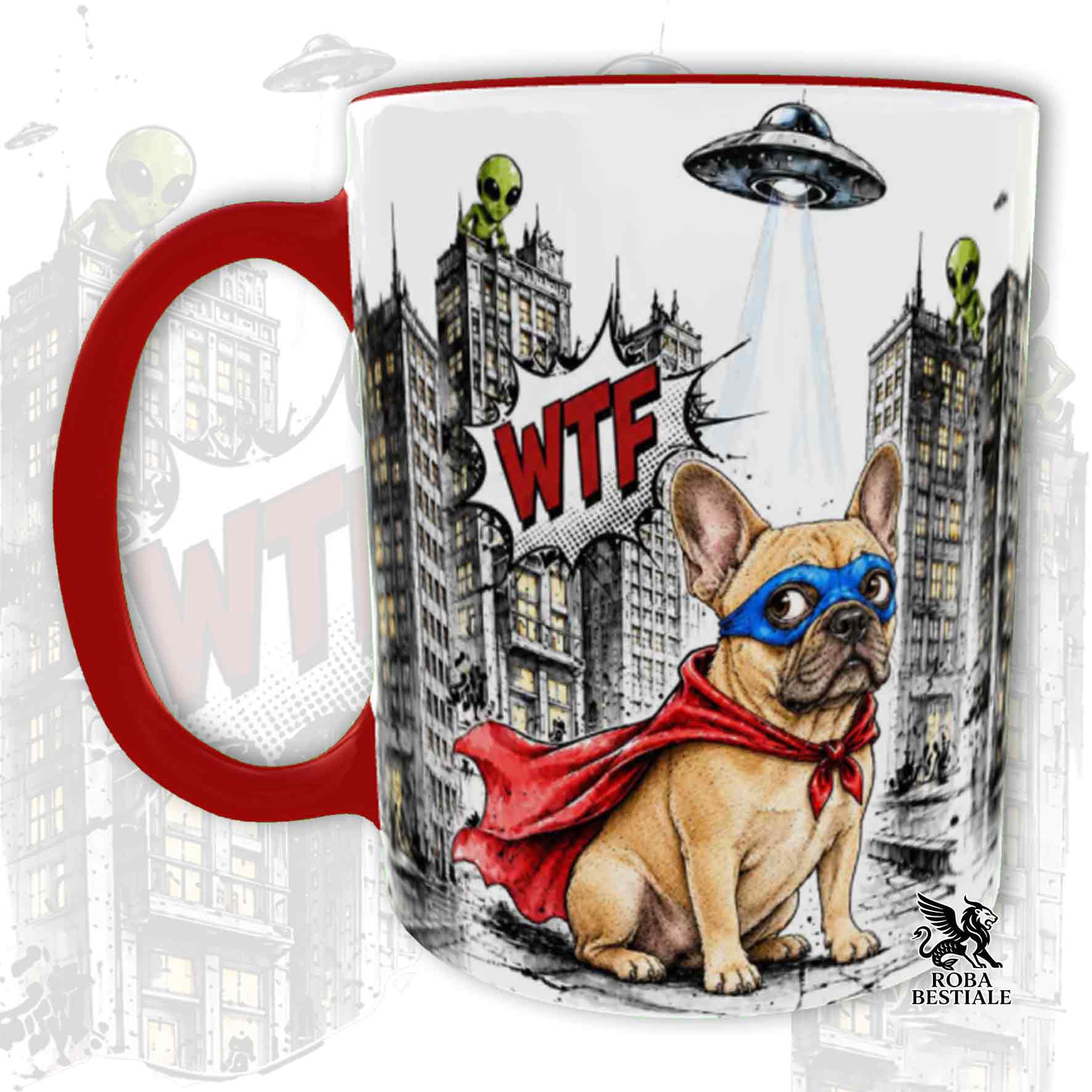 Tazza rossa stampata con un Bouledogue Francese con espressione sorpresa, vestito da Super Eroe. Grafica originale Roba Bestiale, collezione Hero