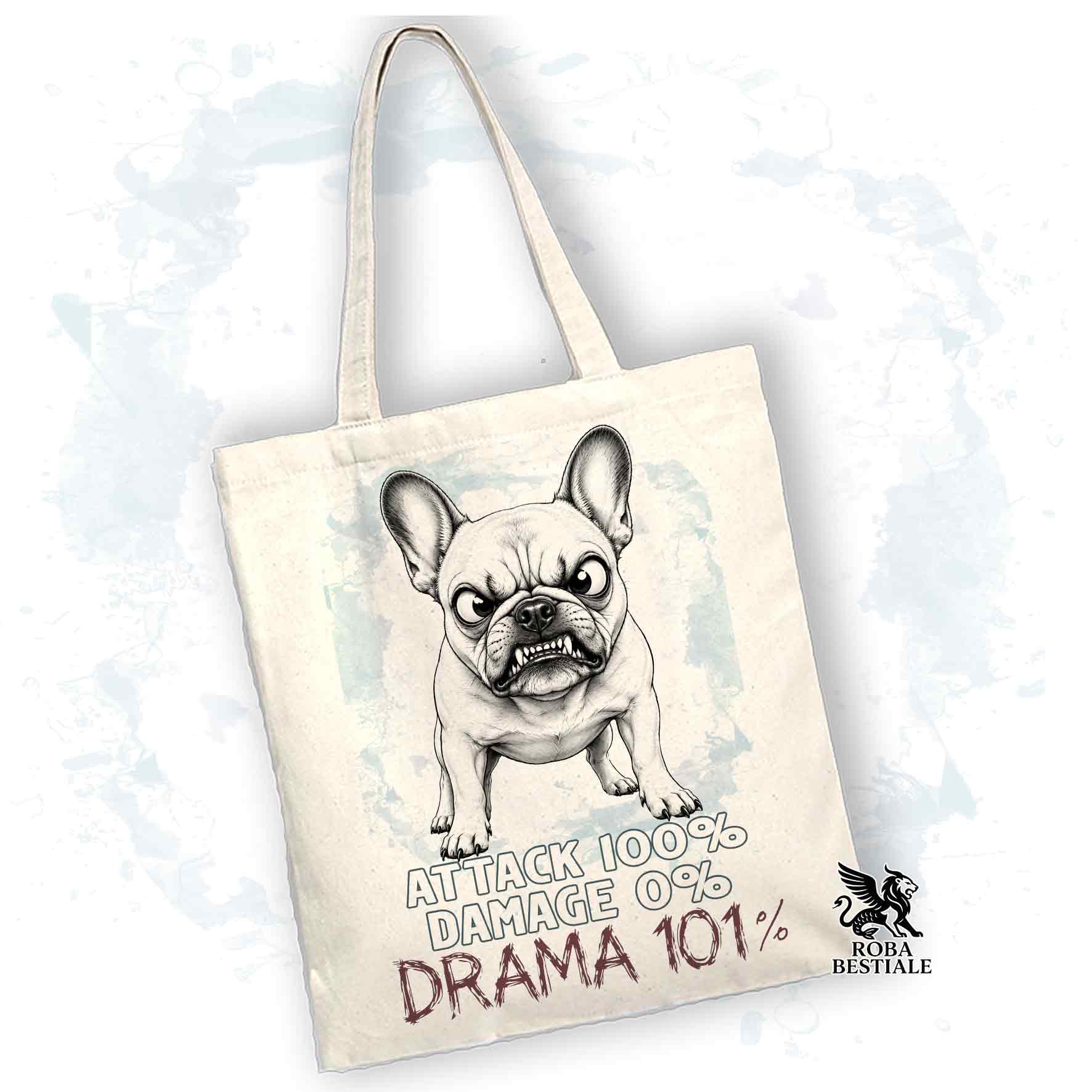 Borsa Tote beige con stampato un Bouledogue Francese, grafica Drama 101 originale di Roba Bestiale 