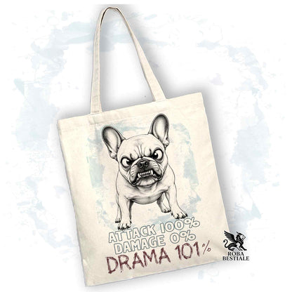 Borsa Tote beige con stampato un Bouledogue Francese, grafica Drama 101 originale di Roba Bestiale 