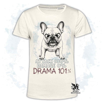 Maglietta beige stampata con un Bouledogue Francese, collezione originale Drama 101 di Roba Bestiale 