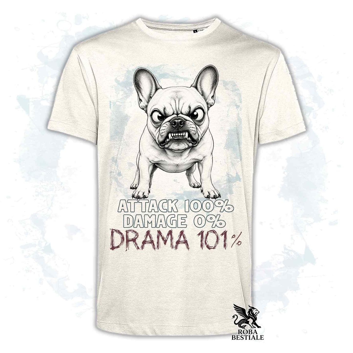 Maglietta beige stampata con un Bouledogue Francese, collezione originale Drama 101 di Roba Bestiale 
