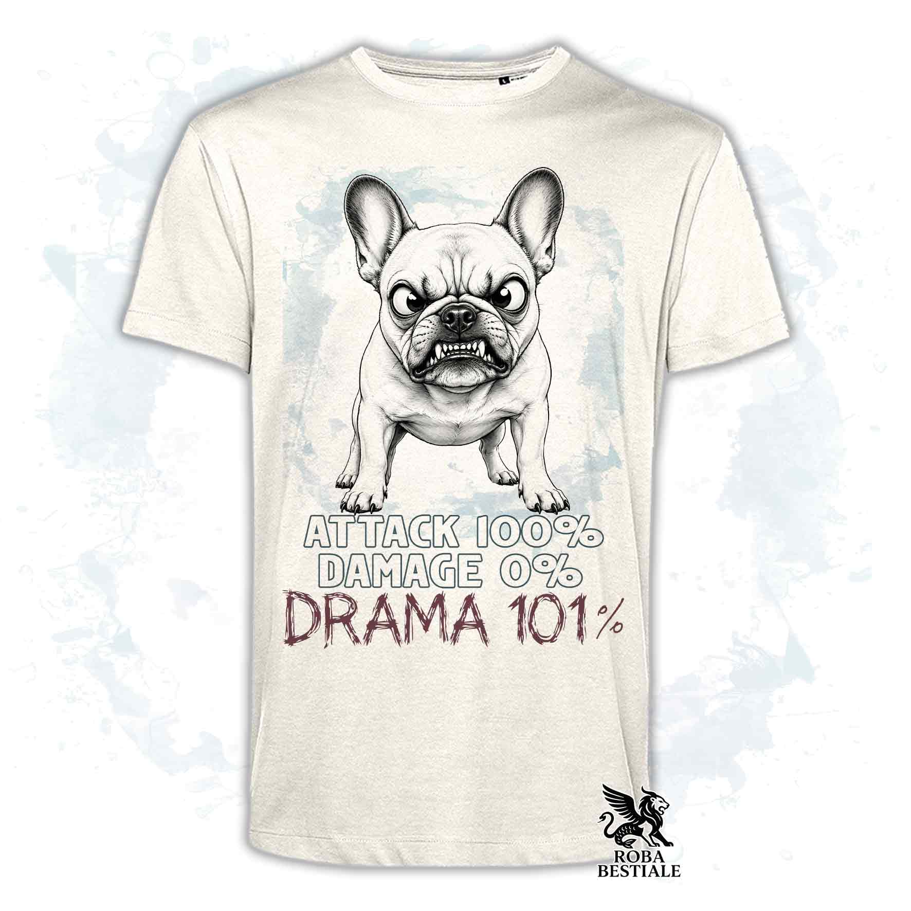 Maglietta beige stampata con un Bouledogue Francese, collezione originale Drama 101 di Roba Bestiale 