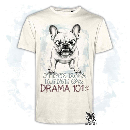 Maglietta beige stampata con un Bouledogue Francese, collezione originale Drama 101 di Roba Bestiale 