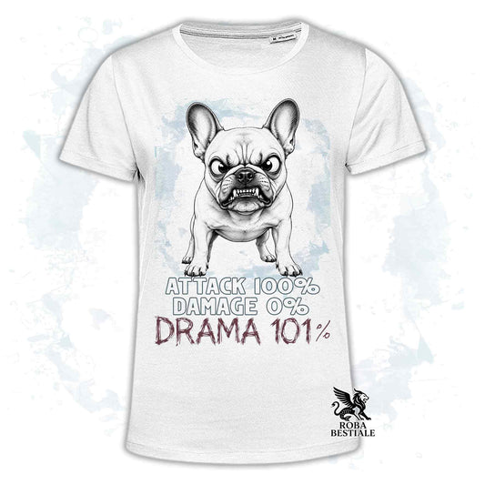 Maglietta bianca stampata con un Bouledogue Francese, collezione originale Drama 101 di Roba Bestiale 