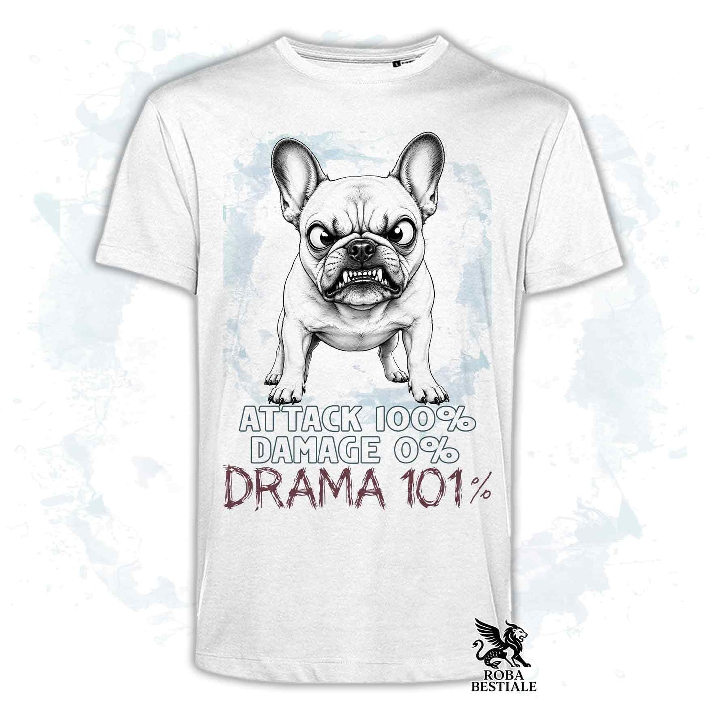 Maglietta bianca stampata con un Bouledogue Francese, collezione originale Drama 101 di Roba Bestiale 