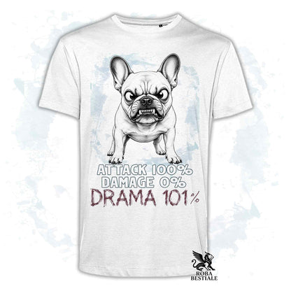 Maglietta bianca stampata con un Bouledogue Francese, collezione originale Drama 101 di Roba Bestiale 