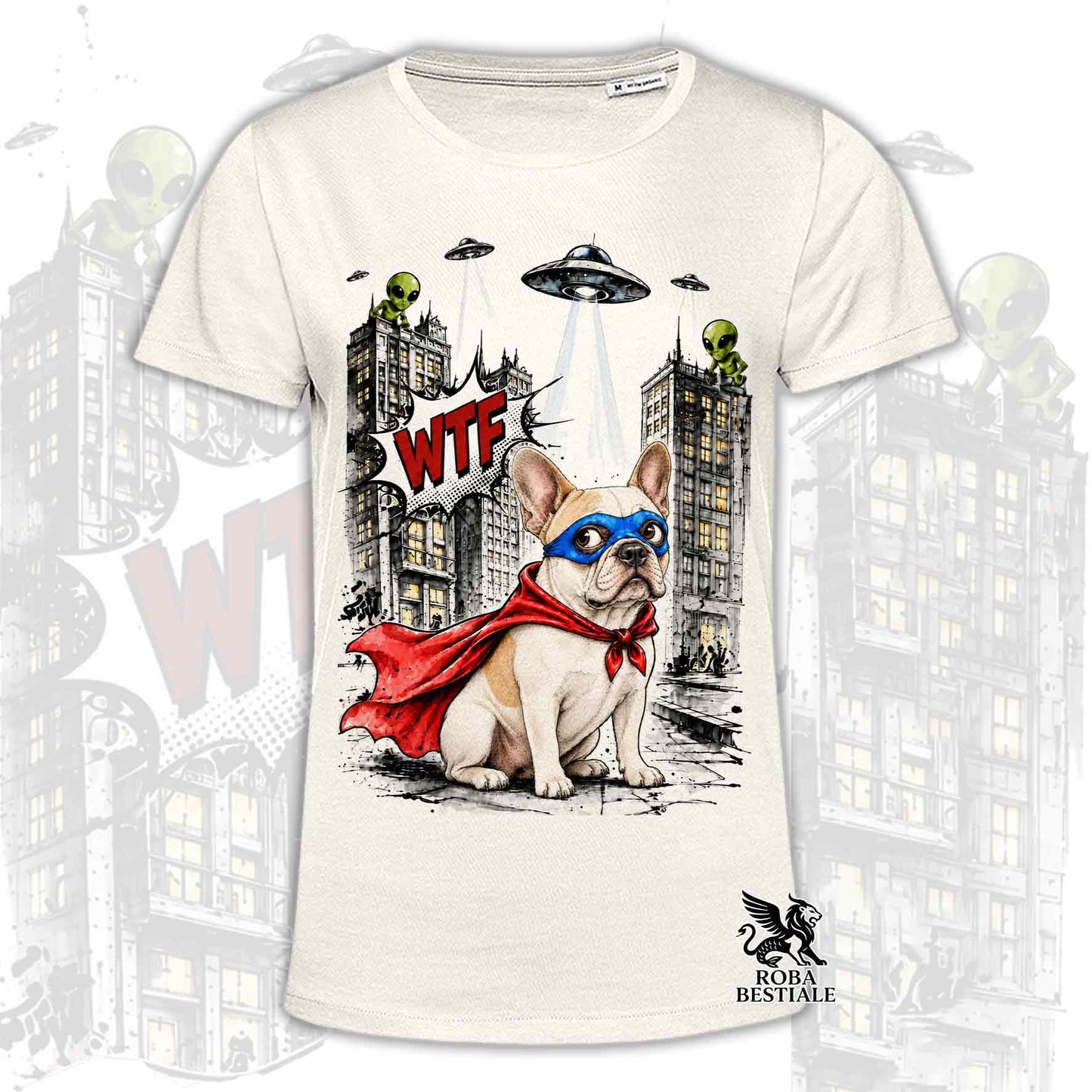 T-shirt beige stampata con un Bouledogue Francese con espressione sorpresa, vestito da Super Eroe. Grafica originale Roba Bestiale, collezione Hero