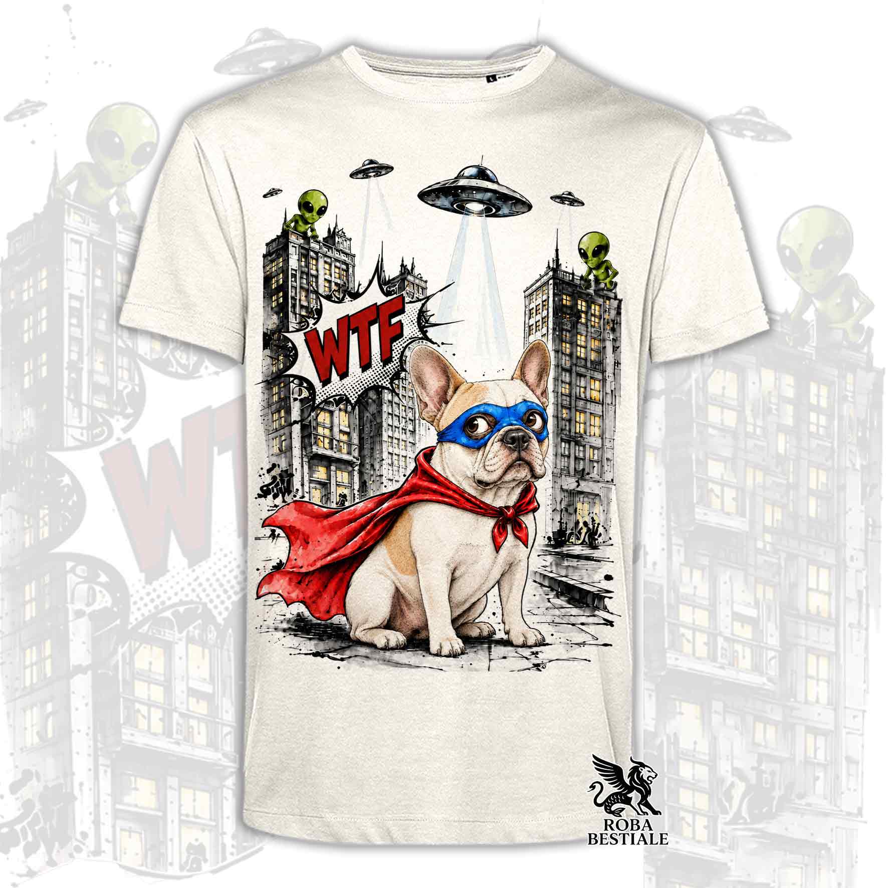 T-shirt beige stampata con un Bouledogue Francese con espressione sorpresa, vestito da Super Eroe. Grafica originale Roba Bestiale, collezione Hero
