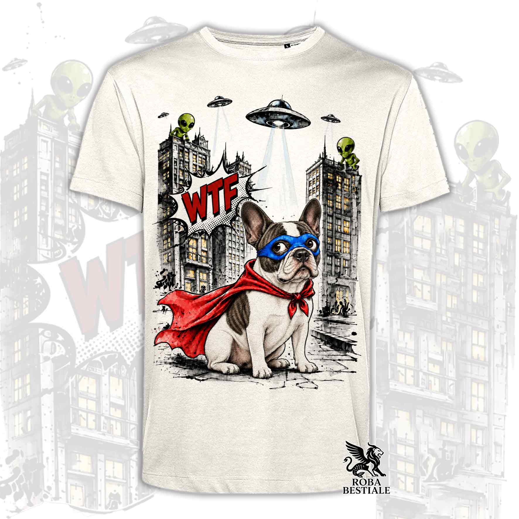 T-shirt beige stampata con un Bouledogue Francese con espressione sorpresa, vestito da Super Eroe. Grafica originale Roba Bestiale, collezione Hero
