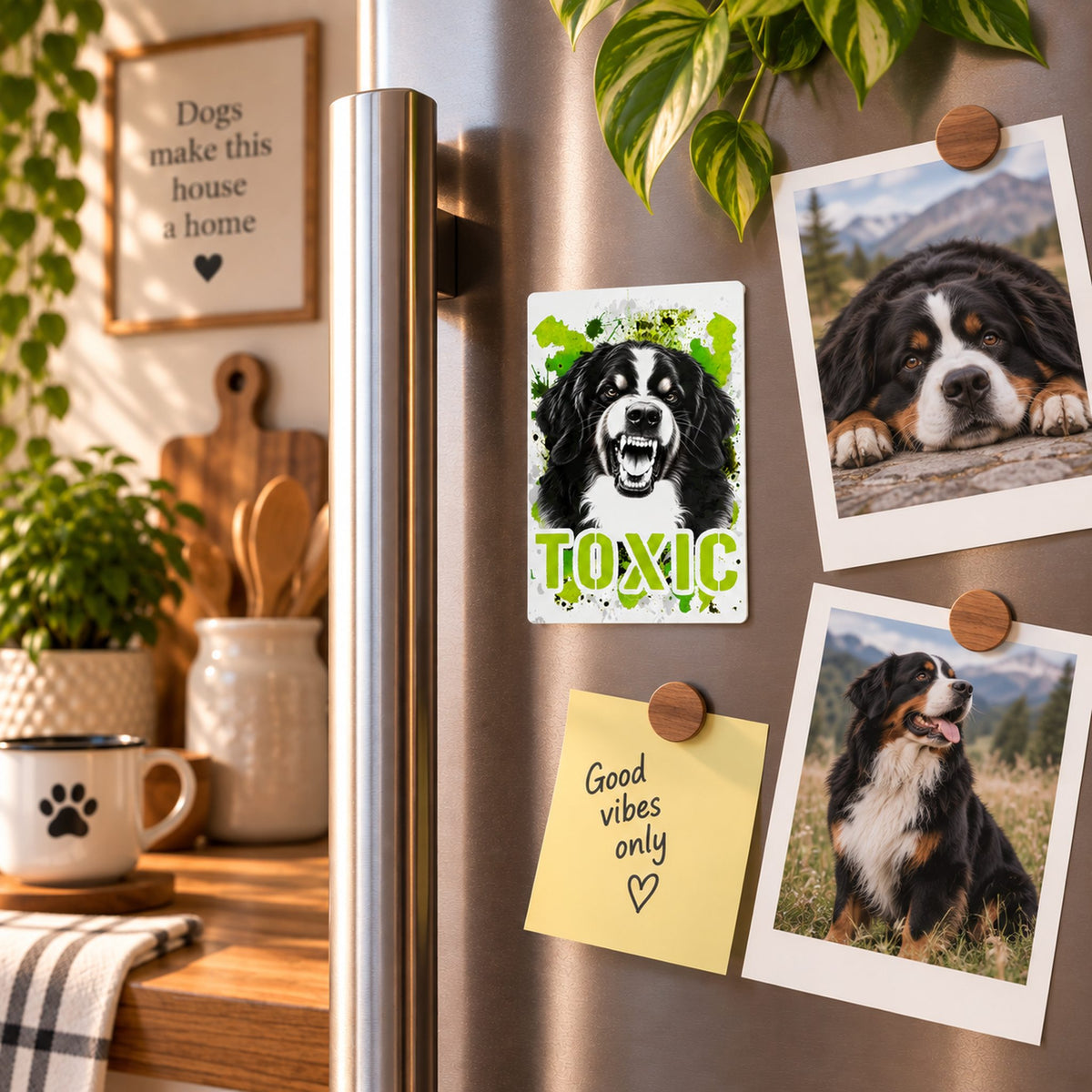 Calamita in MDF con la stampa di un Bovaro del Bernese. Idea regalo per amanti dei cani, da Roba Bestiale
