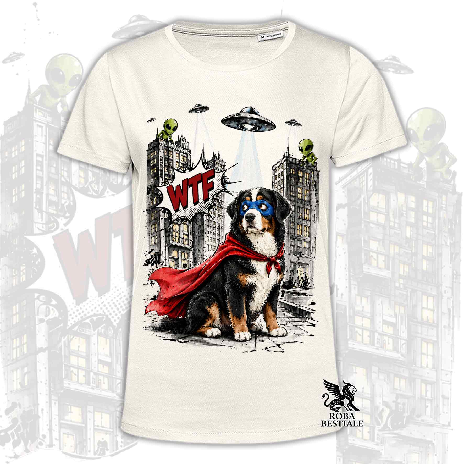T-shirt beige stampata con un Bovaro del Bernese con espressione sorpresa, vestito da Super Eroe. Grafica originale Roba Bestiale, collezione Hero