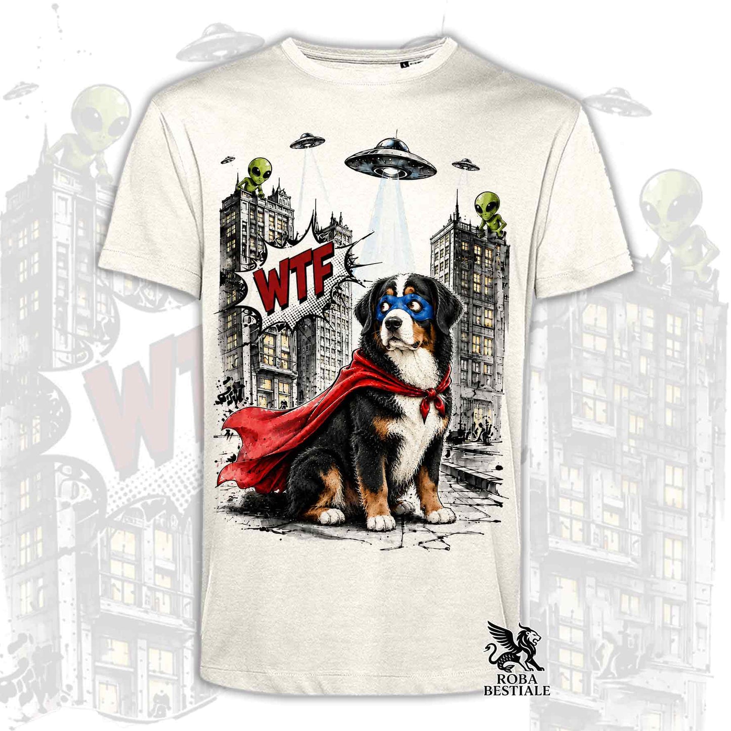 T-shirt beige stampata con un Bovaro del Bernese con espressione sorpresa, vestito da Super Eroe. Grafica originale Roba Bestiale, collezione Hero