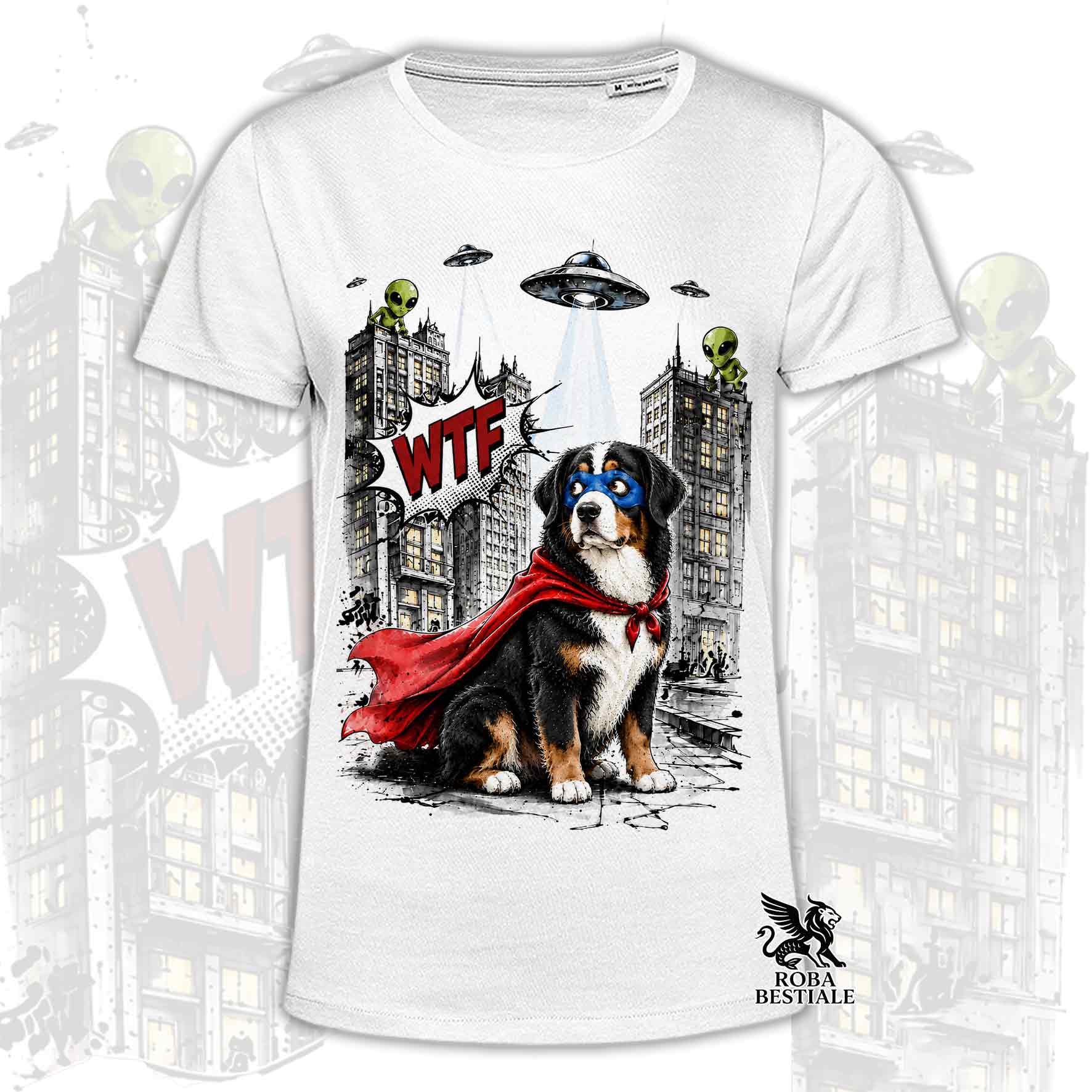 T-shirt bianca stampata con un Bovaro del Bernese con espressione sorpresa, vestito da Super Eroe. Grafica originale Roba Bestiale, collezione Hero