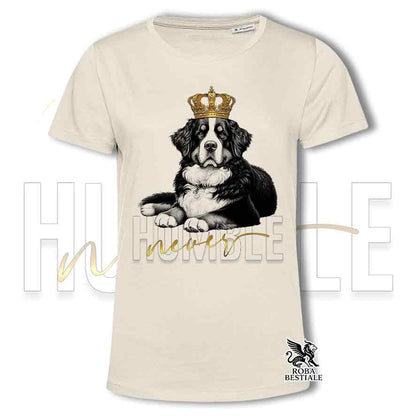 T-shirt stampata con un Bovaro del Bernese, colore beige con grafica Never Humble