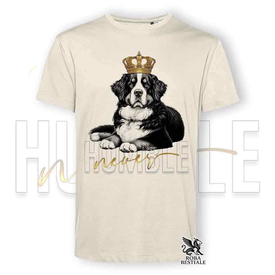 T-shirt stampata con un Bovaro del Bernese, colore beige con grafica Never Humble