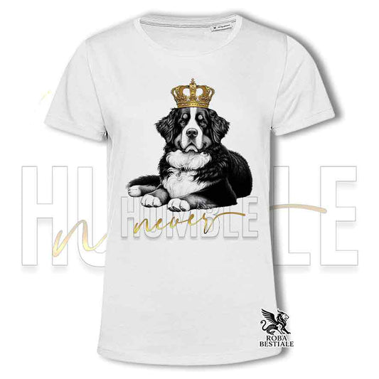 T-shirt stampata con un Bovaro del Bernese, colore bianco con grafica Never Humble