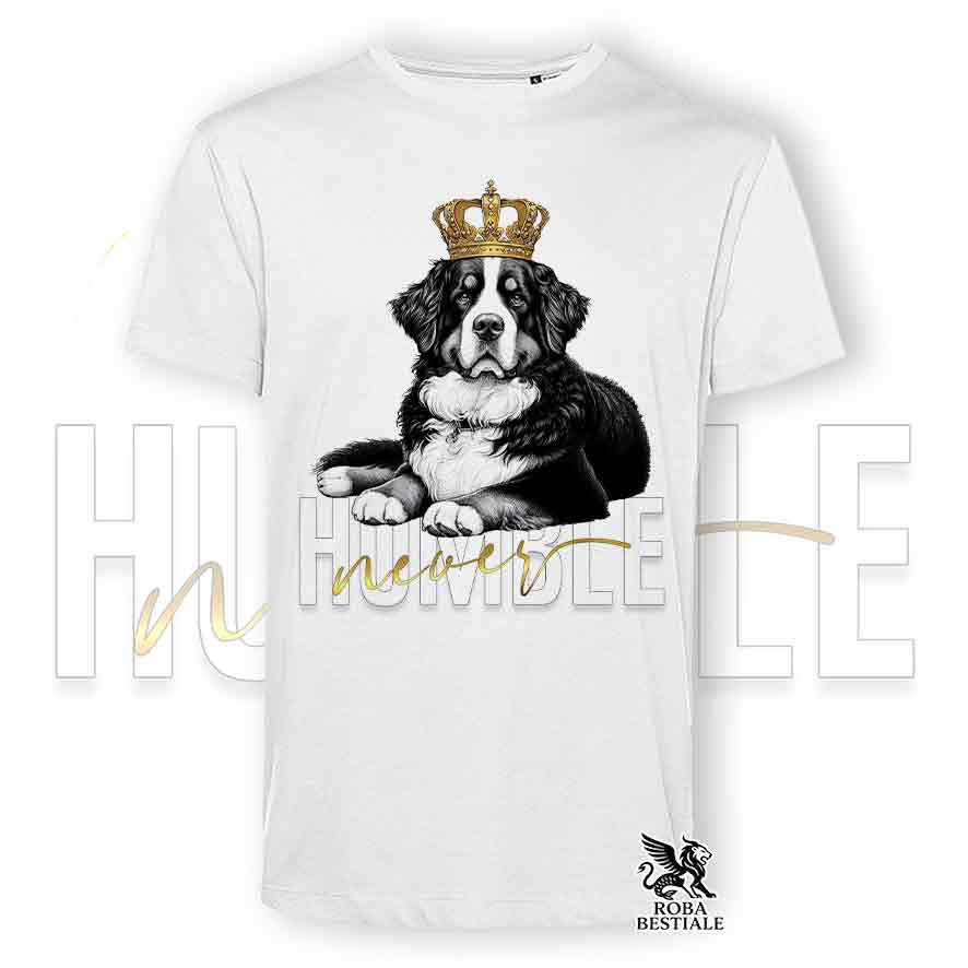 T-shirt stampata con un Bovaro del Bernese, colore bianco con grafica Never Humble