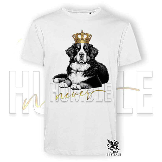 T-shirt stampata con un Bovaro del Bernese, colore bianco con grafica Never Humble