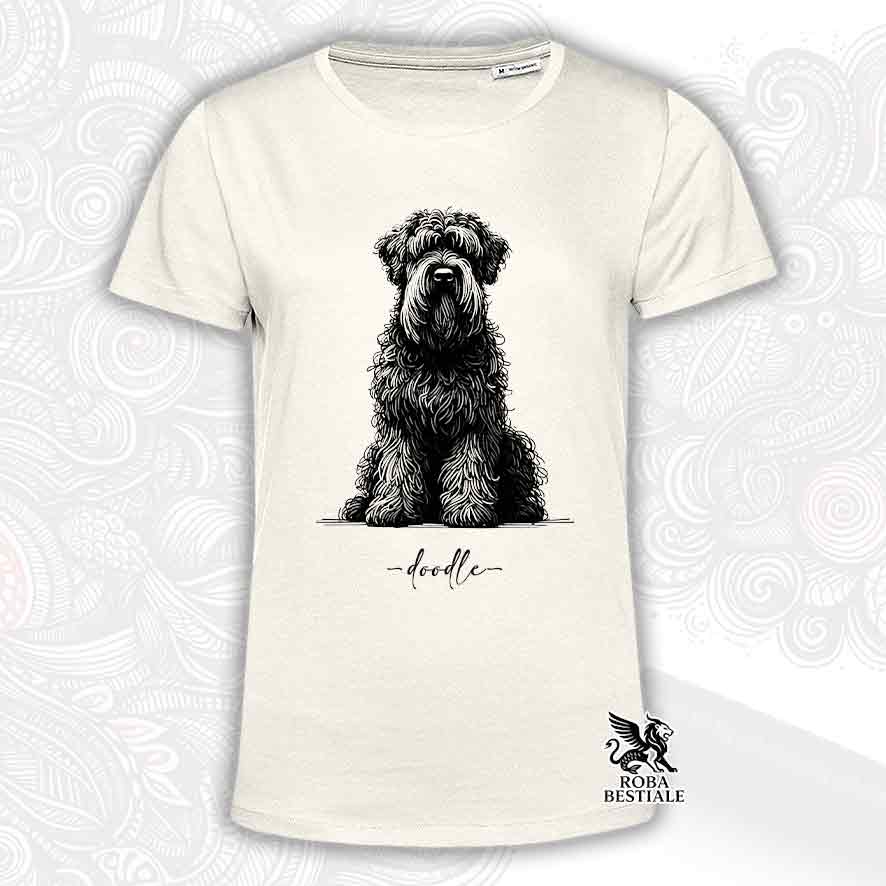 T-shirt beige stampata con un Bovaro delle Fiandre, grafica Doodle