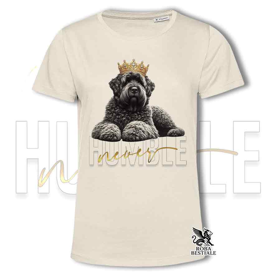 T-shirt stampata con un Bovaro delle Fiandre, colore beige con grafica Never Humble