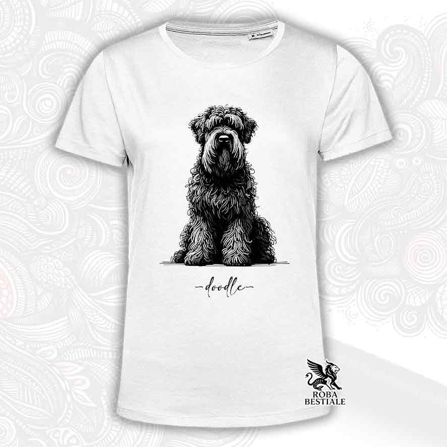 T-shirt bianca stampata con un Bovaro delle Fiandre, grafica Doodle