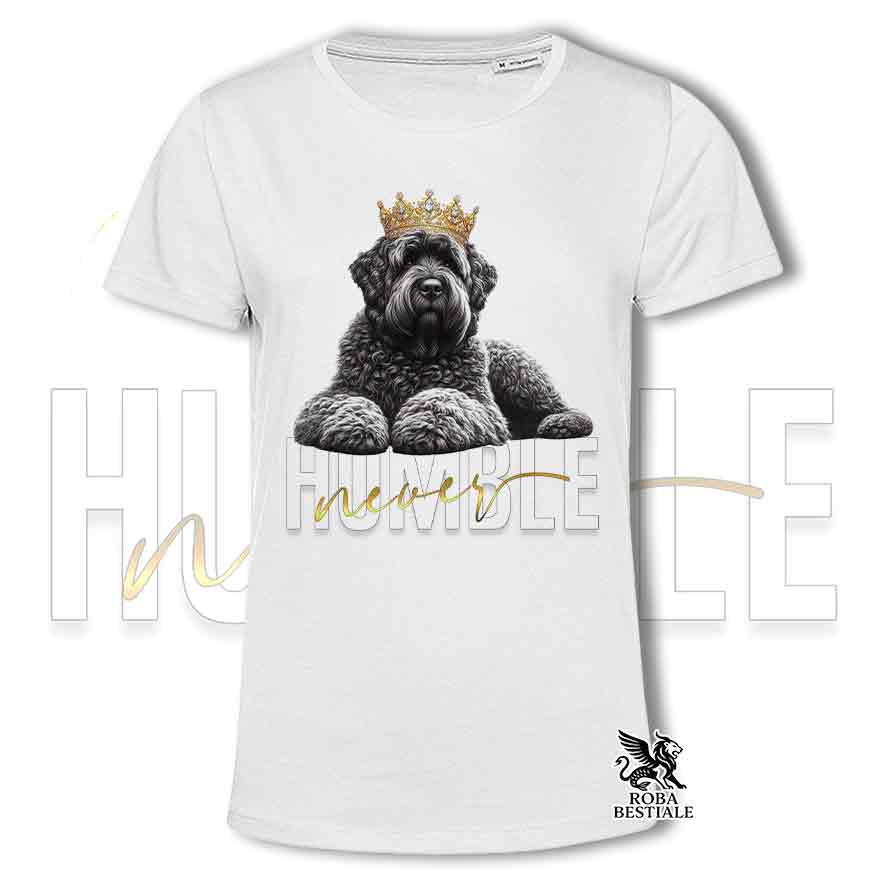 T-shirt stampata con un Bovaro delle Fiandre, colore bianco con grafica Never Humble
