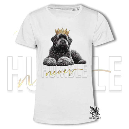 T-shirt stampata con un Bovaro delle Fiandre, colore bianco con grafica Never Humble