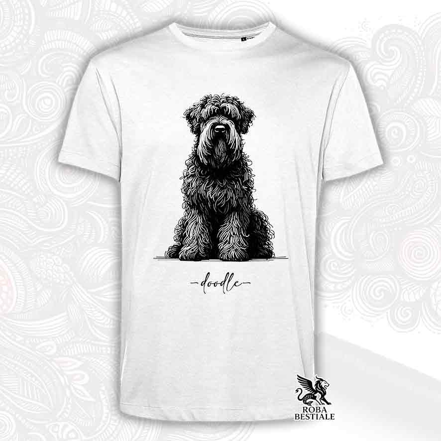 T-shirt bianca stampata con un Bovaro delle Fiandre, grafica Doodle