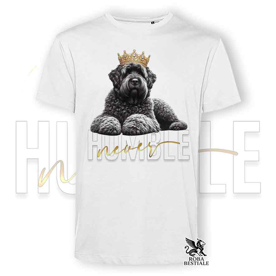 T-shirt stampata con un Bovaro delle Fiandre, colore bianco con grafica Never Humble