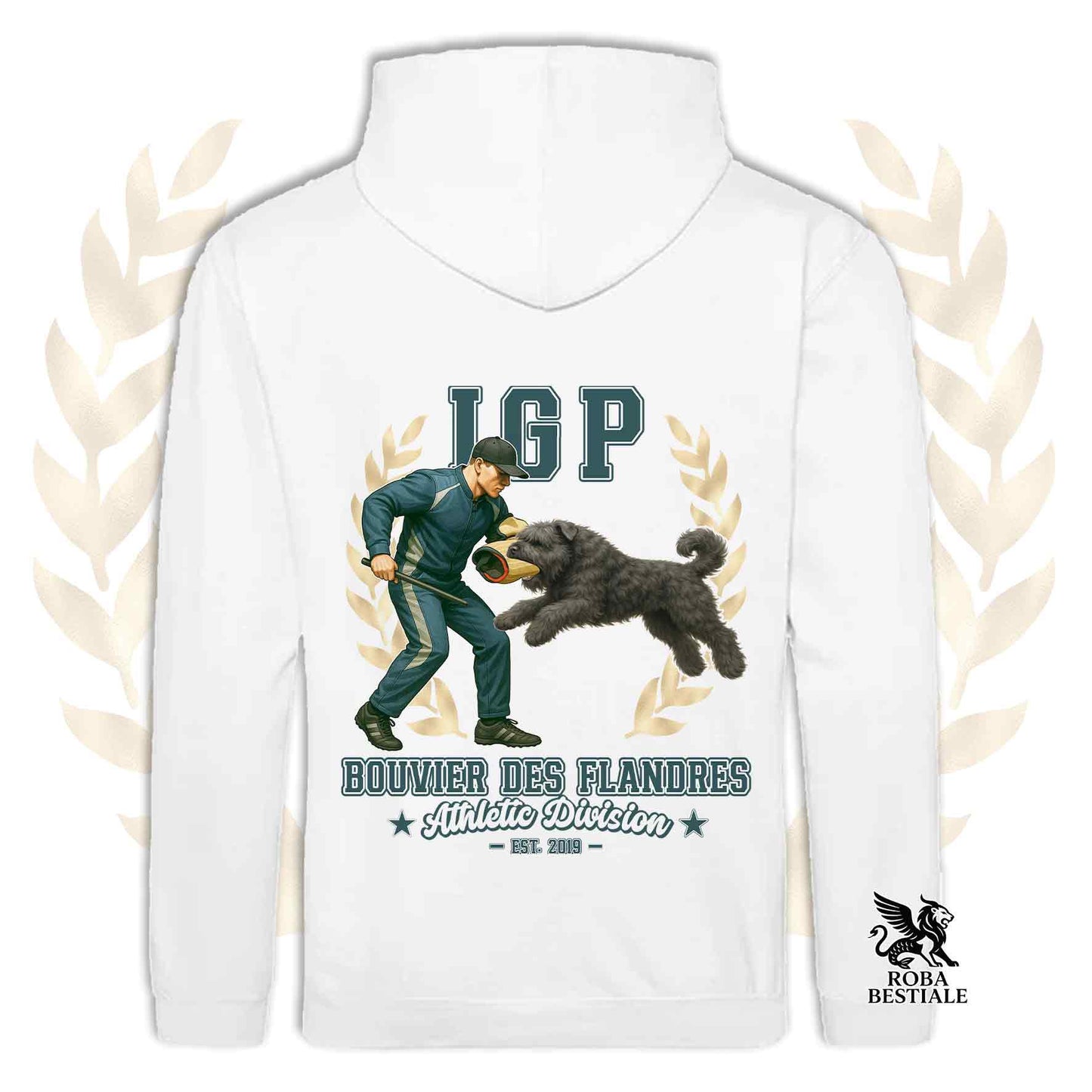 Una felpa con cappuccio e tasconi stampata con un Bovaro delle Fiandre che fa IGP. Grafica originale Roba Bestiale