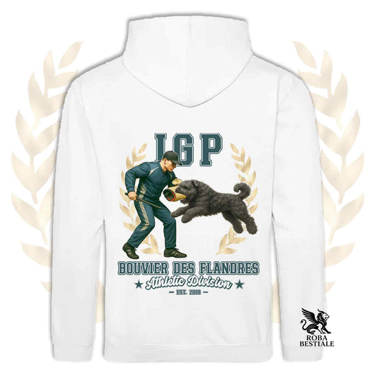 Una felpa con cappuccio e tasconi stampata con un Bovaro delle Fiandre che fa IGP. Grafica originale Roba Bestiale