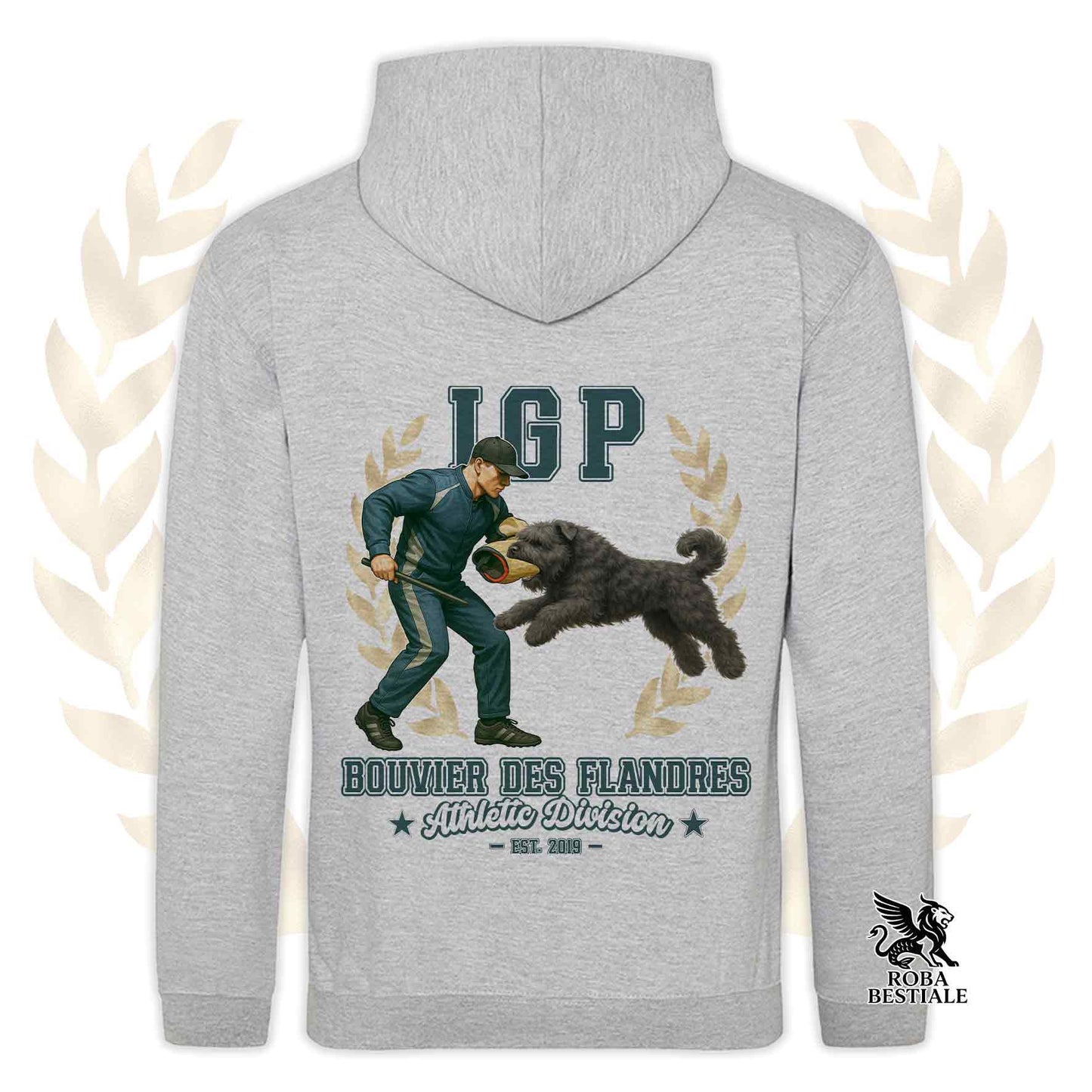 Una felpa con cappuccio e tasconi stampata con un Bovaro delle Fiandre che fa IGP. Grafica originale Roba Bestiale
