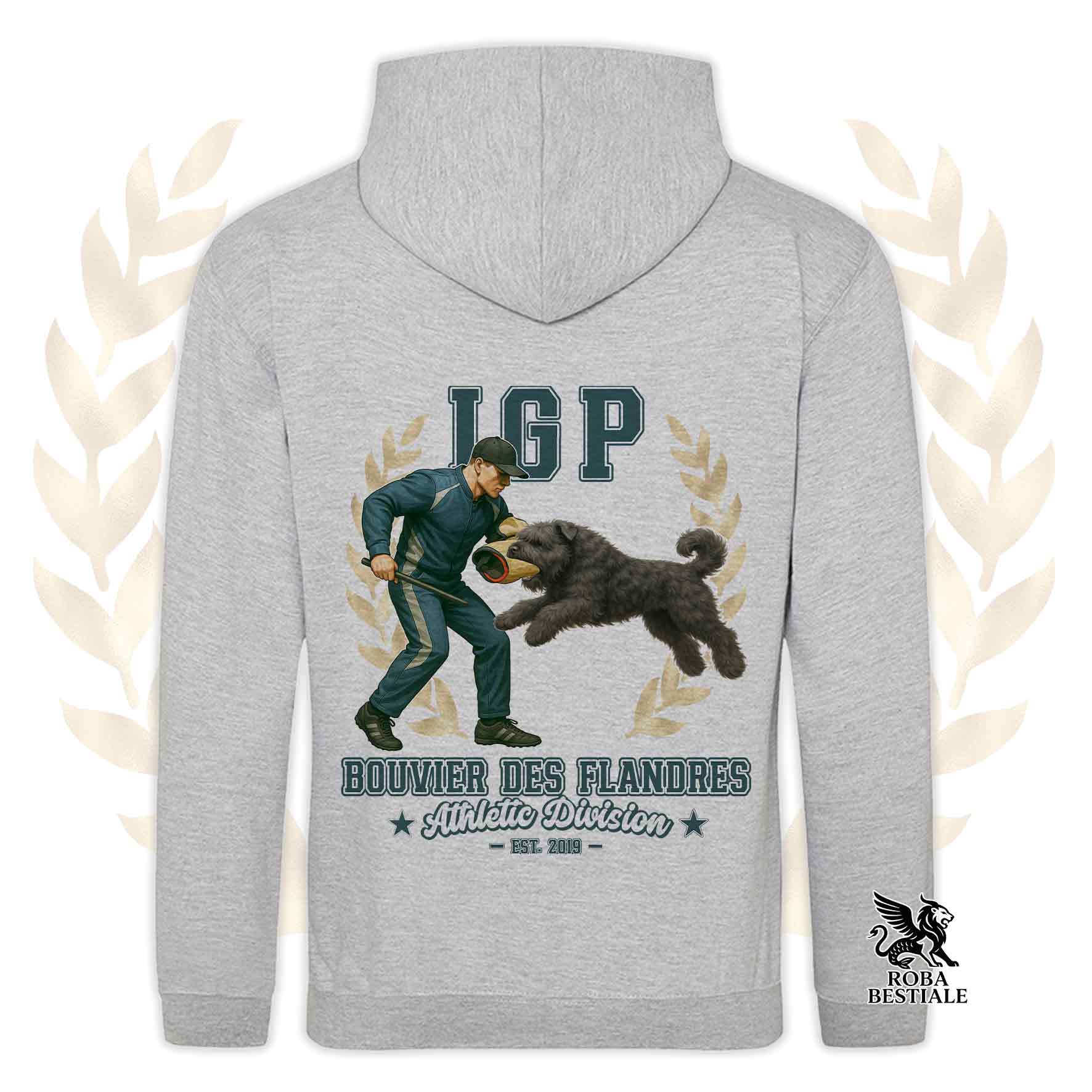 Una felpa con cappuccio e tasconi stampata con un Bovaro delle Fiandre che fa IGP. Grafica originale Roba Bestiale