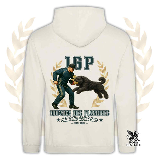 Una felpa con cappuccio e tasconi stampata con un Bovaro delle Fiandre che fa IGP. Grafica originale Roba Bestiale