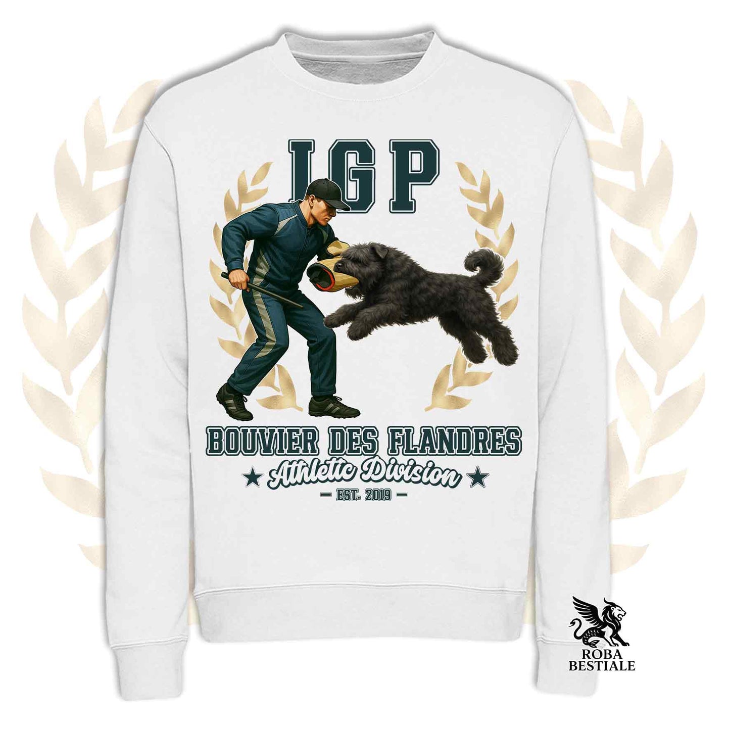 Una felpa girocollo stampata con un Bovaro delle Fiandre che fa IGP. Grafica originale Roba Bestiale