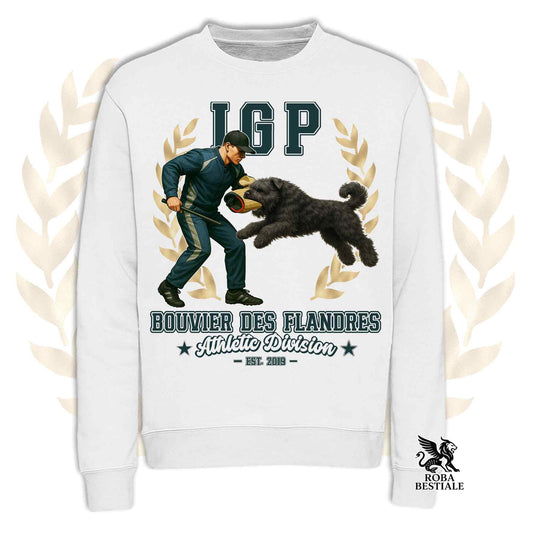 Una felpa girocollo stampata con un Bovaro delle Fiandre che fa IGP. Grafica originale Roba Bestiale
