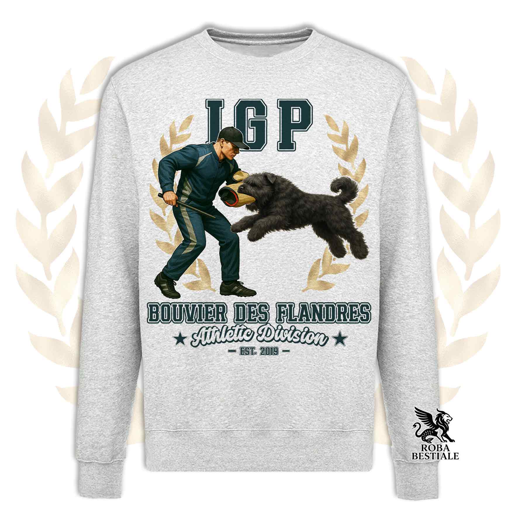 Una felpa girocollo stampata con un Bovaro delle Fiandre che fa IGP. Grafica originale Roba Bestiale